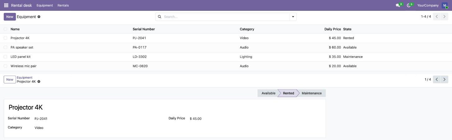 A rental module Rekhu Builder made in Odoo: the equipment list, and an equipment form with its status bar